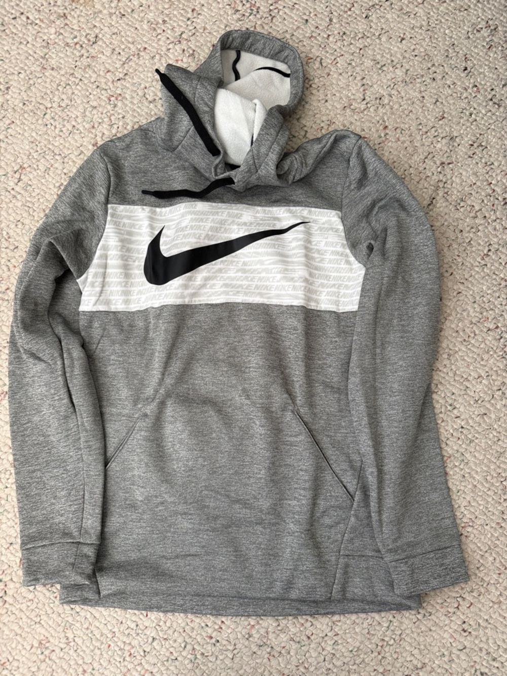 Nike Men’s Gray and White Hoodie with Black Swoosh